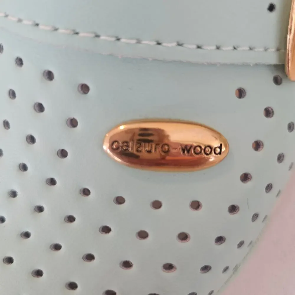 Calzuro Wood Clogs Light Aqua Green Perforated Leather Size 36 US 6.5-7